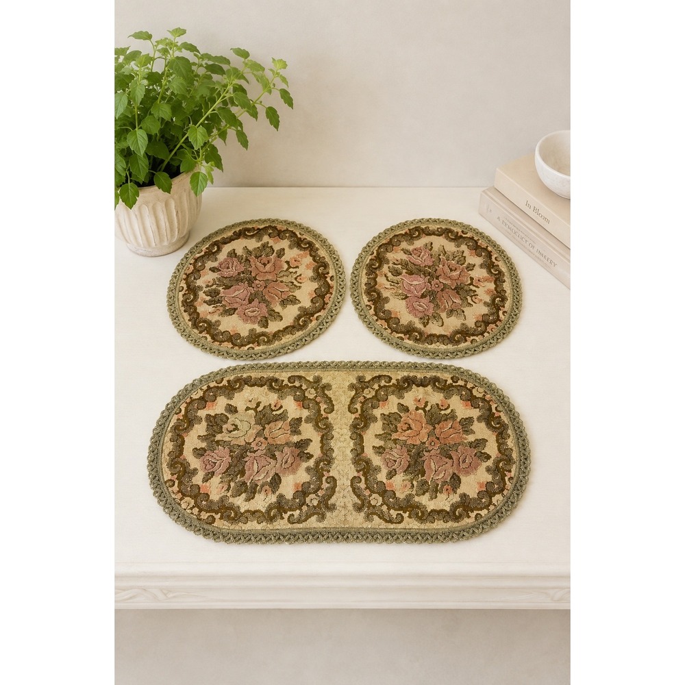 Vintage Brocade Tapestry Doily Set Metallic Lace Roses Table Runner Coaster Gold